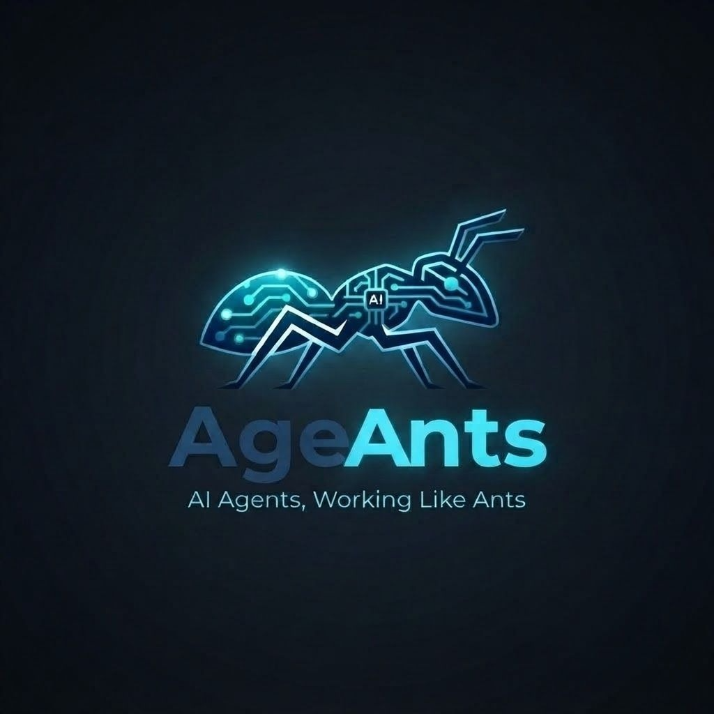 לוגו AgeAnts — נמלת מעגלים חשמליים זוהרת עם הסלוגן AI Agents, Working Like Ants