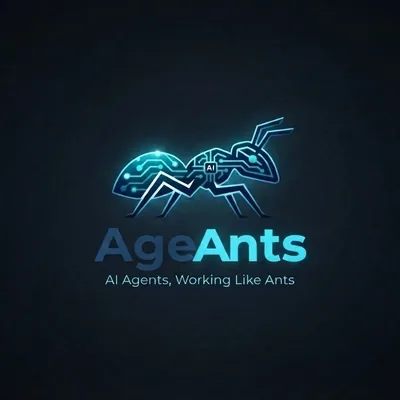 לוגו AgeAnts — נמלת מעגלים חשמליים זוהרת עם הסלוגן AI Agents, Working Like Ants